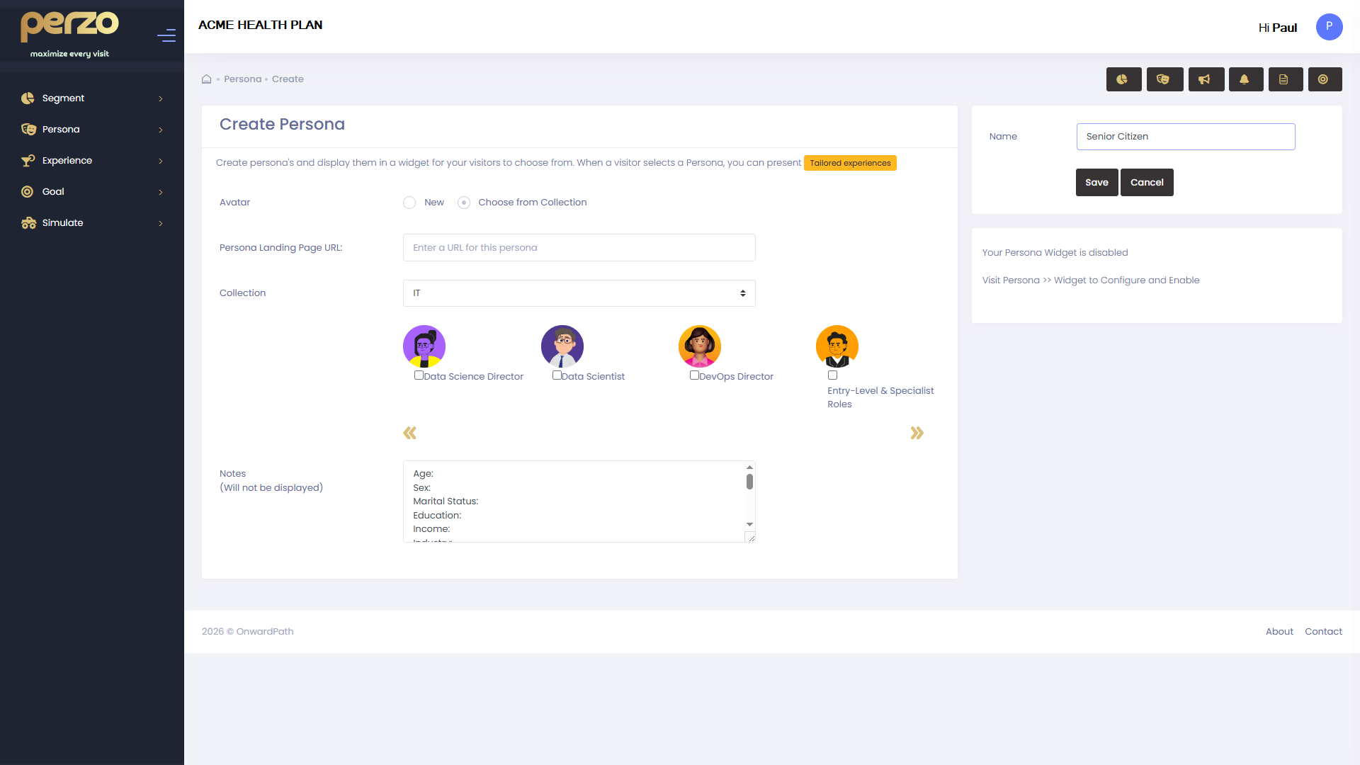 Perzo persona builder interface showing avatar collection, landing page assignment, and persona naming